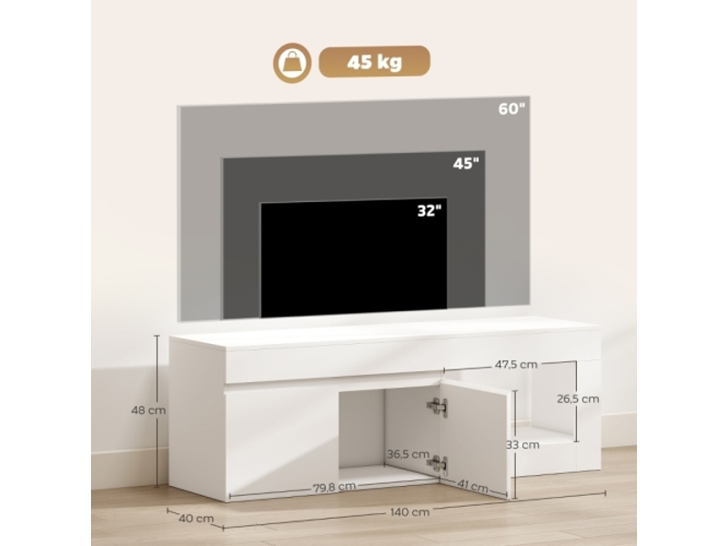  Meuble tv bas blanc moderne – 2 portes, rangement ouvert, poignées – 140x40x48 cm – tv jusqu'à 60 pouces  - Conforama C