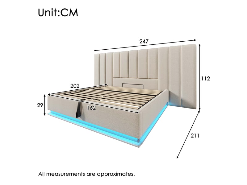  Lit double avec rangement - 160x200 cm - beige - rangement hydraulique - éclairage led personnalisable  - Conforama C