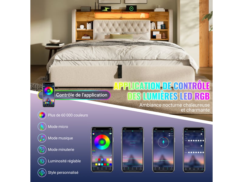Lit coffre hydraulique 180x200 cm rembourré avec led, usb-c, tête de lit avec rangement, étagère intégrée et tissu lin beige Morn Vibe - Conforama E