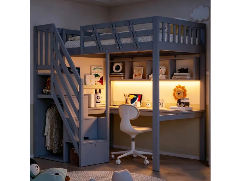  Lit mezzanine 90x200 cm avec bureau led et rangements gris  - Conforama E