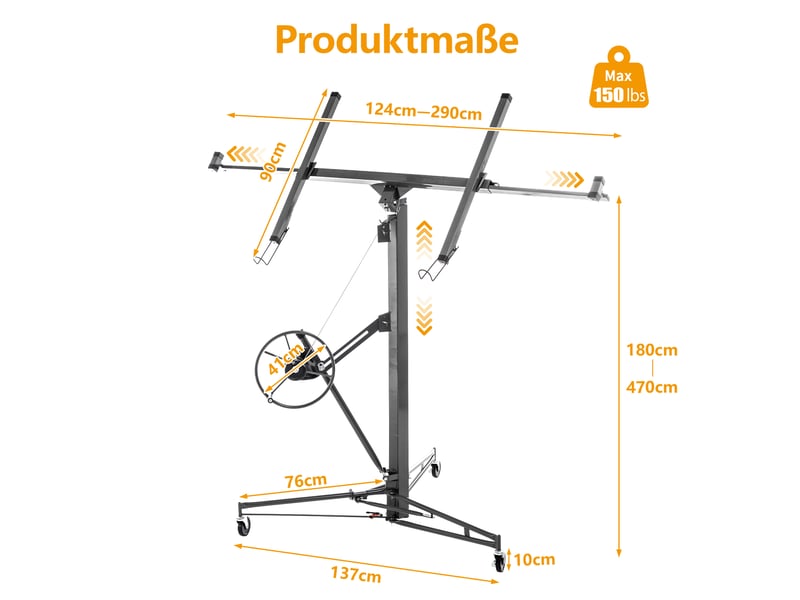 Lève-plaques pliable 125 x 137 x 180 cm, gris en acier, charge 68 kg, hauteur réglable de 180 à 470 cm - Conforama C