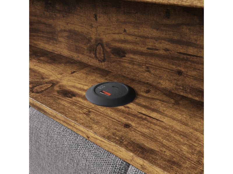  Lit coffre 90 × 200 cm, tête rembourrée avec rangements, led, ports usb et usb-c, revêtement en lin et mdf, gris  - Conforama E