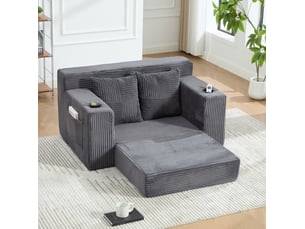 Fauteuil pouf double avec coussins et poches latérales en velours côtelé gris, 151 × 133 × 64 cm