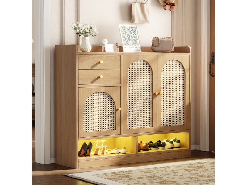  Meuble à chaussures 3 portes, 2 tiroirs et led 120x35x100 cm naturel  - Conforama W