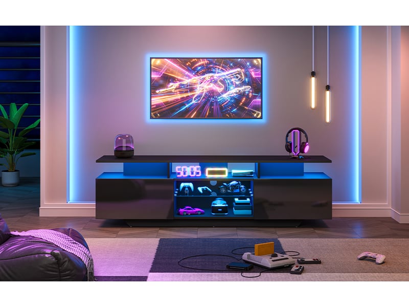 Meuble tv bas 160 cm, finition noir, meuble de salon brillant, 2 portes, avec éclairage led  - Conforama B