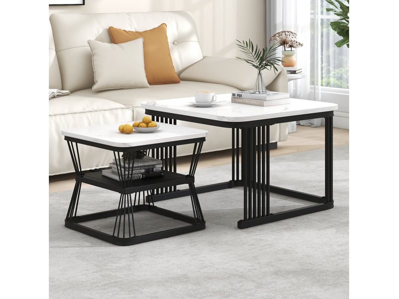  Set de 2 tables basses gigognes mdf effet marbre blanc et acier noir  - Conforama E