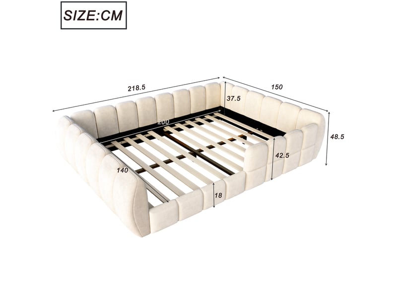  Lit simple en velours avec structure entièrement fermée et bords arrondis pour chambre d'enfant beige  - Conforama C