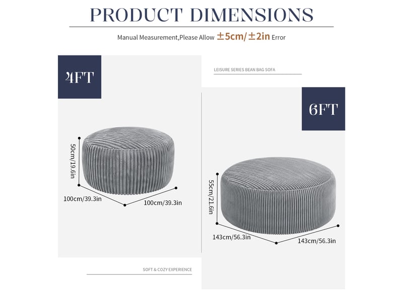  Fauteuil simple - 143x55cm - fauteuil pouf géant poire en mousse mémoire et tissu corduroy doux - gris  - Conforama E