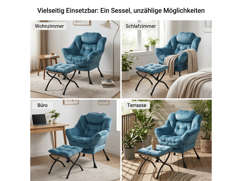 Fauteuil relax avec repose-pieds,72x80x93 cm,avec poche latérale,tissu,bleu - Conforama E