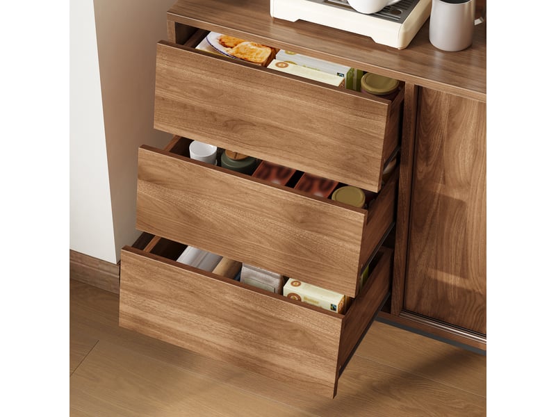  Buffet avec 3 tiroirs et 2 portes coulissantes pour cuisine en mdf 150×40×80 cm bois naturel  - Conforama D