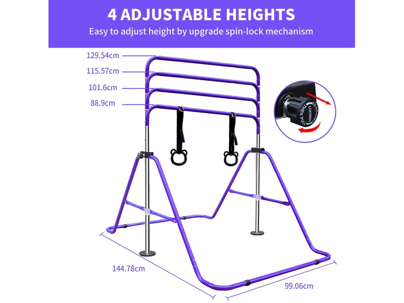 Barre de gymnastique enfant réglable 99,06x144,78x129,54 cm – violette – anneaux et pliable pour rangement - Conforama C