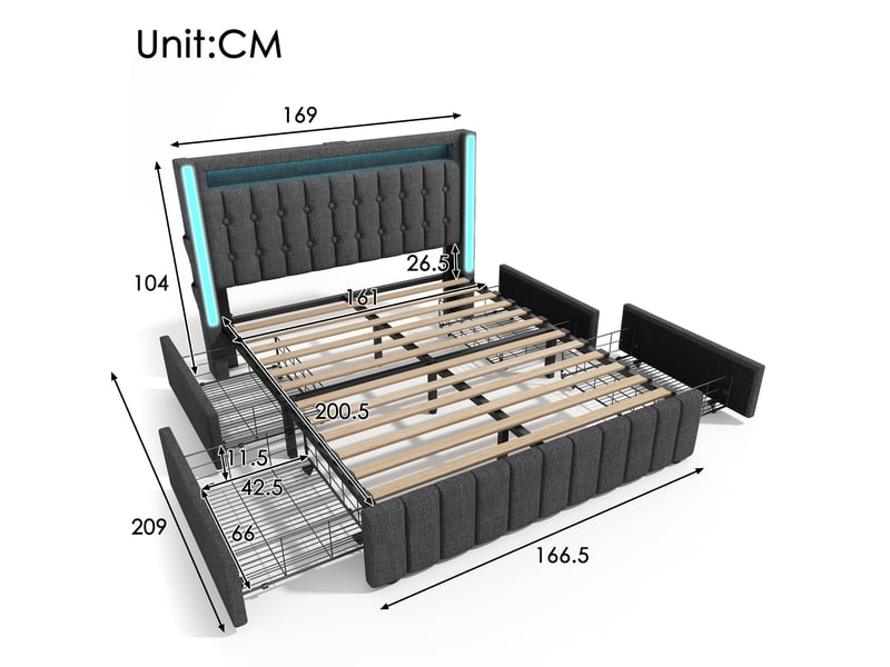  Lit double 160x200 avec 4 tiroirs, led et charge usbtype-c gris cravdom  - Conforama E