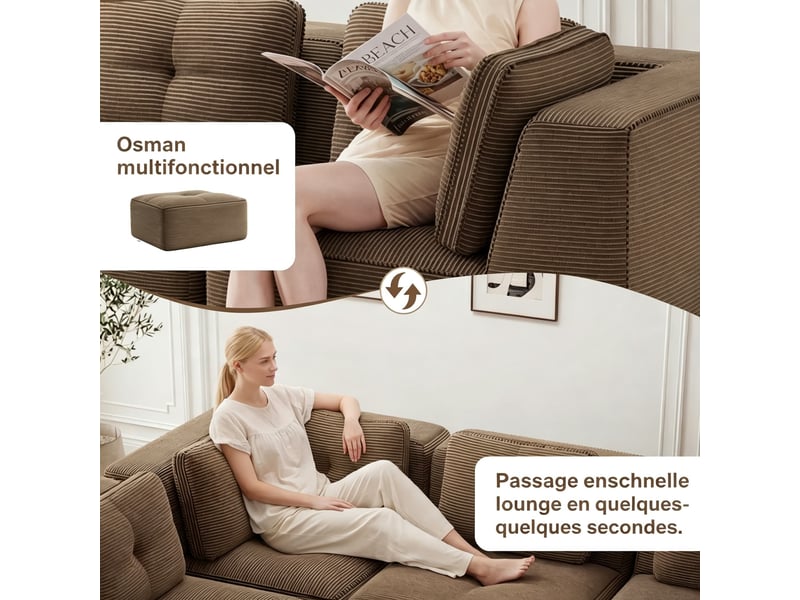  Canapé modulable personnalisable en tissu côtelé, sans montage et adaptée au bureau, 69 × 295 × 206 cm, marron  - Conforama E