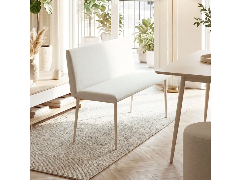  Banc de salle à manger 2 places sans accoudoirs en polyester beige aspect lin, pieds métal, pour repas confortables  - Conforama D