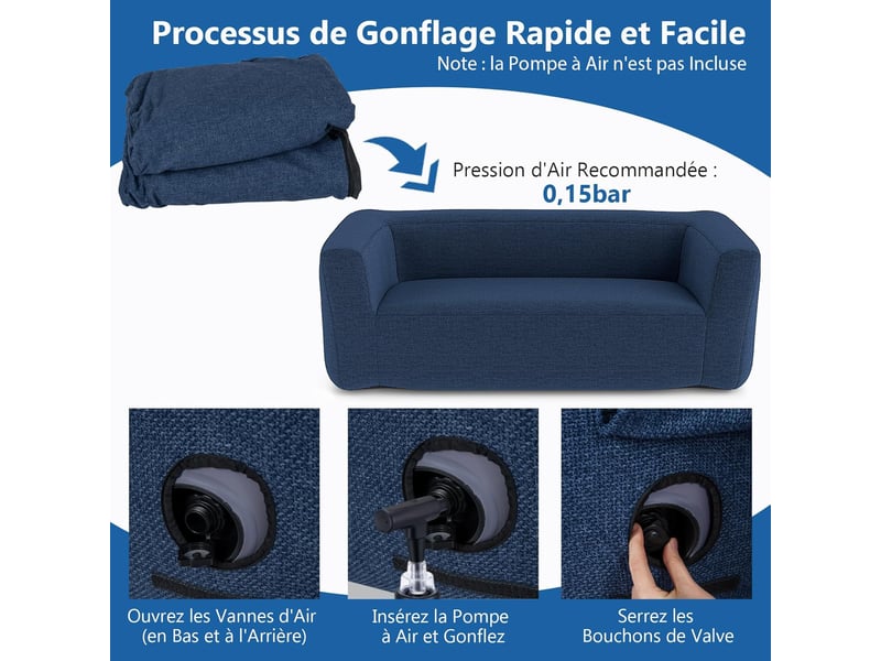 Costway fauteuil gonflable, canapé 2-3 places avec housse détachable, accoudoirs larges, assise spacieux (bleu)  - Conforama D