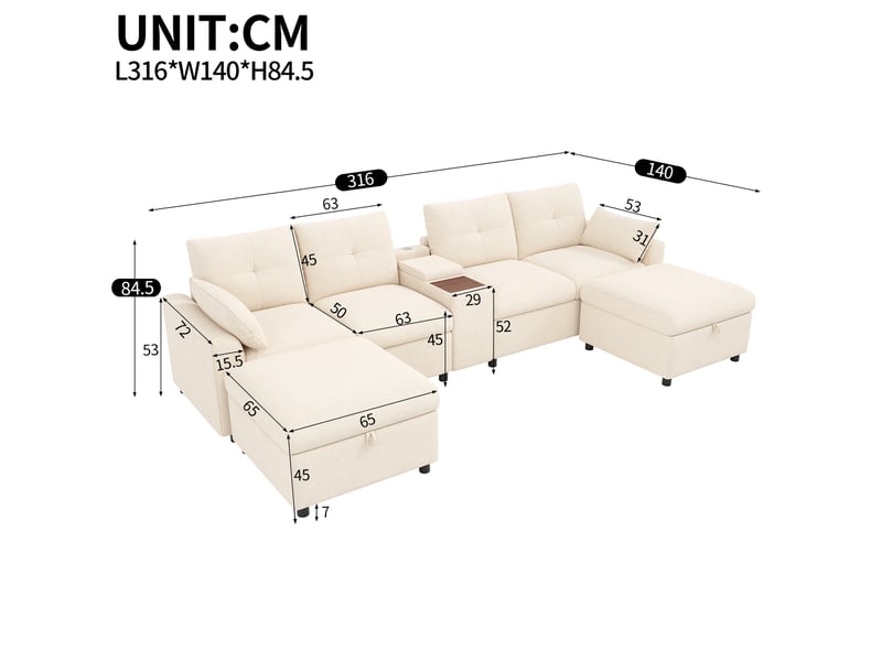 Canapé d'angle modulable 6 places en chenille beige avec console centrale et ports usb - Conforama C