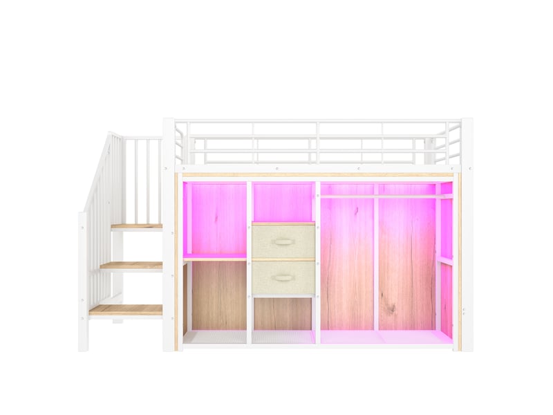  Lit surélevé avec 2 tiroirs, penderie ouverte et led multicolore, blanc, 90x200 cm, sans matelas  - Conforama A