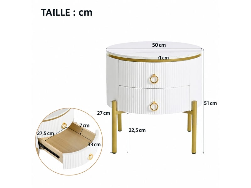  Table d’appoint ronde effet marbre blanc et doré avec 2 tiroirs, 50 x 50 x 51 cm  - Conforama C