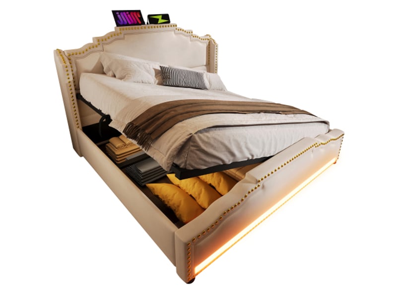 Lit coffre 160x200 cm avec rangement et led, ports usb et type-c, en velours, beige, matelas inclus Lit coffre 160x200 cm avec rangement et led, ports usb et type-c, en velours, beige, matelas inclus