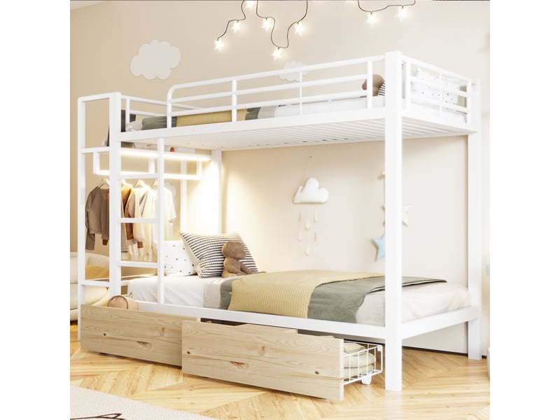  Lit mezzanine 90x200 cm avec 2 tiroirs, étagères et led, lit surélevé enfant avec tringle à vêtements, en métal et mdf, blanc  - Conforama B