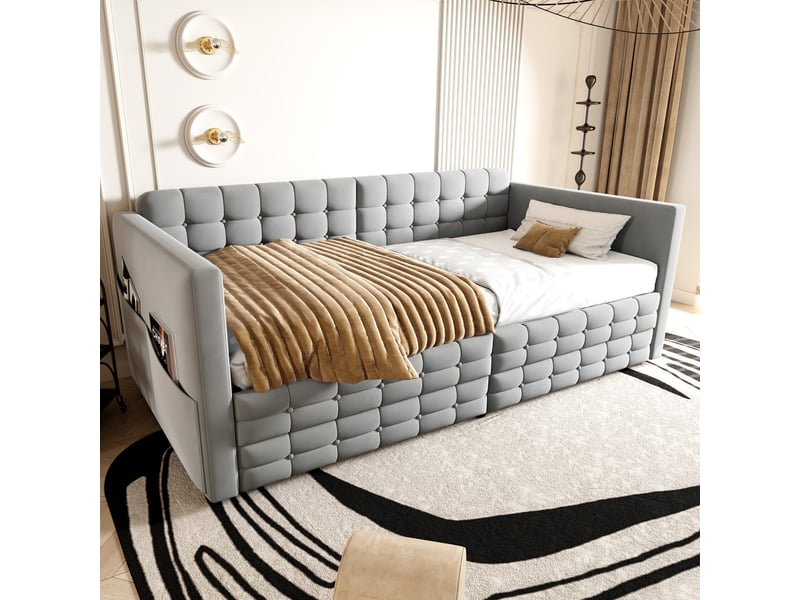  Lit banquette 90 × 190 cm, velours capitonné, 2 tiroirs, poches latérales, sommier à lattes, gris clair, avec rangement  - Conforama D