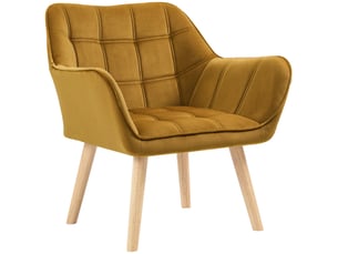 Fauteuil rembourré effet velours pieds bois d'hévéa jaune 67 x 61,5 x 71 cm