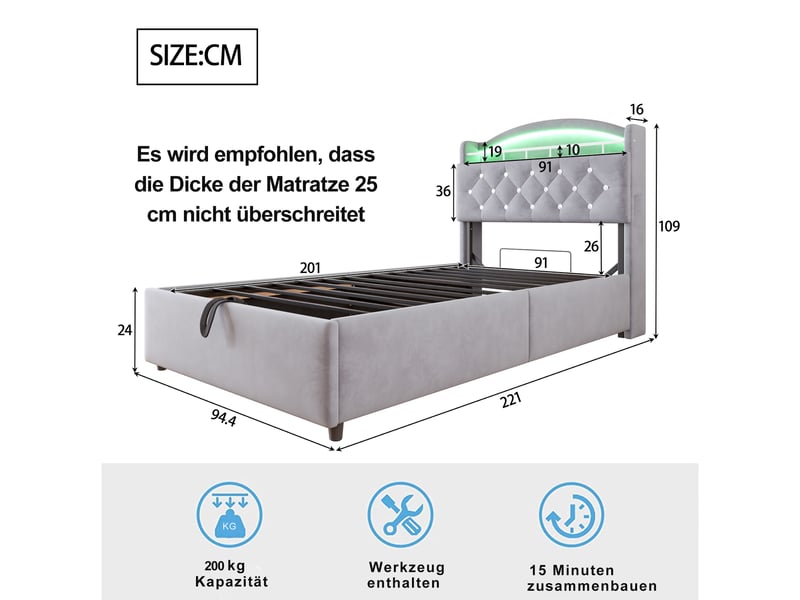  Lit simple enfant 90x200 cm, velours gris, éclairage led, prises usb, rangement sous lit et base solide  - Conforama B