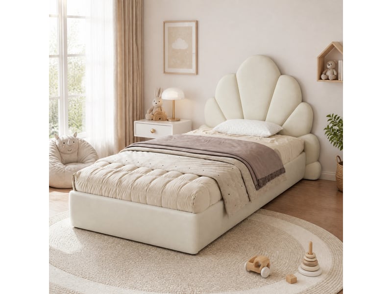  Lit simple enfant tête en pétales 90x200cm, velours finition beige sans matelas, style moderne compact  - Conforama B