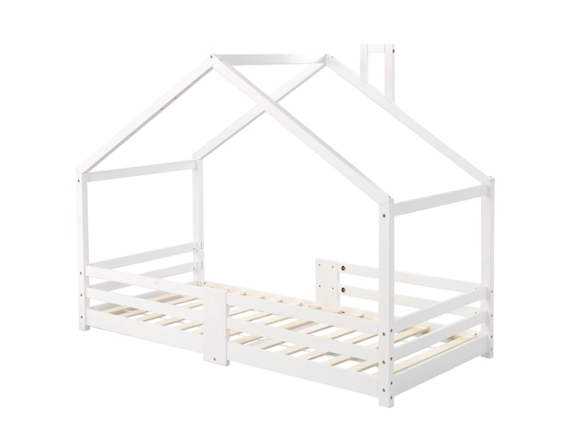  Lit cabane enfant en pin blanc, 90 × 200 cm, avec cheminée, barrière de sécurité et sommier à lattes  - Conforama E