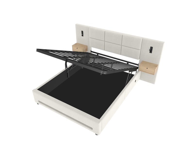  Lit coffre 160 × 200 cm en velours beige avec tiroirs, usb-c et led Fay Lum - Conforama W