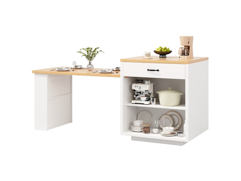  Îlot de cuisine extensible avec led, 2 tiroirs et portes en verre strié, blanc, 126-196x70x94 cm  - Conforama A