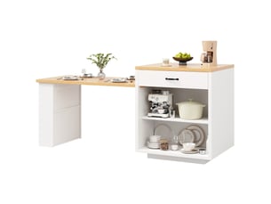 Îlot de cuisine extensible avec led, 2 tiroirs et portes en verre strié, blanc, 126-196x70x94 cm