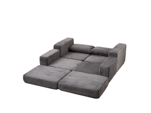 Canapé convertible 2 places en velours côtelé gris avec pouf amovible et 2 coussins