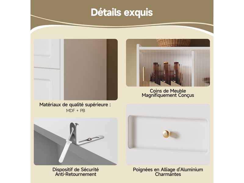 Buffet de cuisine avec 4 portes vitrées coulissantes, 1 tiroirs, étagères réglables et éclairage led - 120×35×167 cm - blanc - Conforama E
