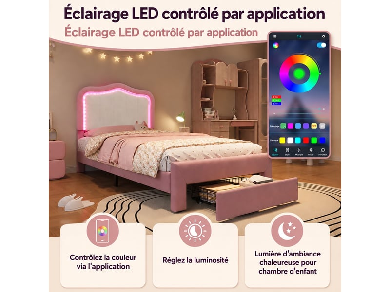 Lit enfant 90x200 cm rembourré - lit coffre - avec led réglable - avec tiroir de rangement - rose - Conforama D
