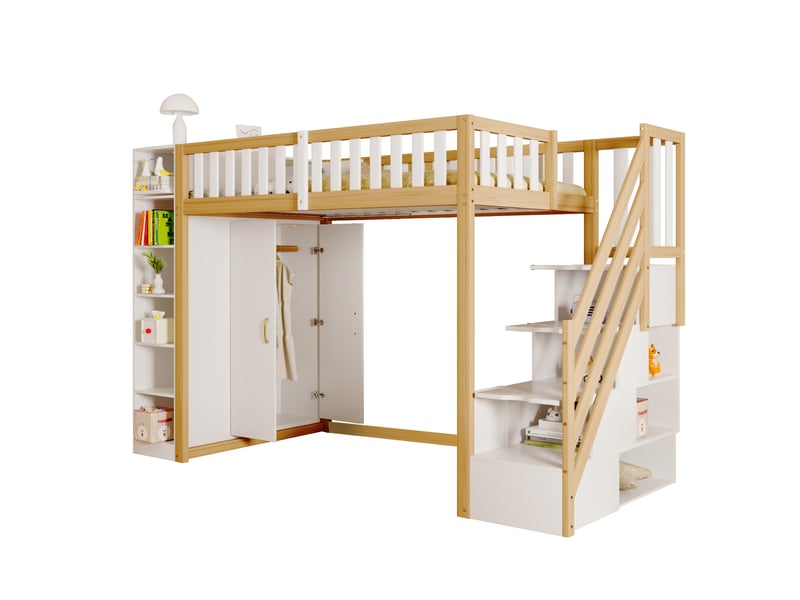  Lit mezzanine 90x200 cm avec grande armoire, échelle de sécurité avec rangement, lit enfant en bois massif, lit mezzanine blanc et bois.  - Conforama A