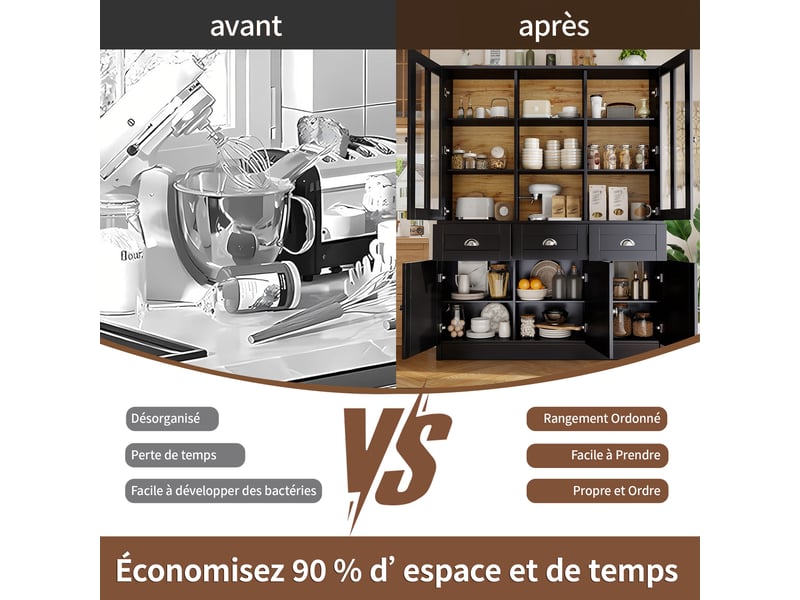  Meuble de cuisine muvano, buffet haut noir avec tiroirs et portes vitrées, 140 × 38,5 × 175 cm  - Conforama R