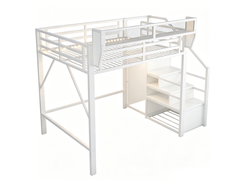  Lit mezzanine 140x200 cm avec bande led, lit surélevé en métal avec échelle sécurisée et rangements modulables, gain de place, blanc OPULERANE TRADING LTD - Conforama A