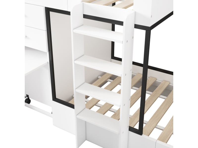 Lit superposé enfant, 90×200 cm, bureau extensible + armoire, tiroir + étagères + échelle, multifonction, blanc, sans matelas - Conforama E