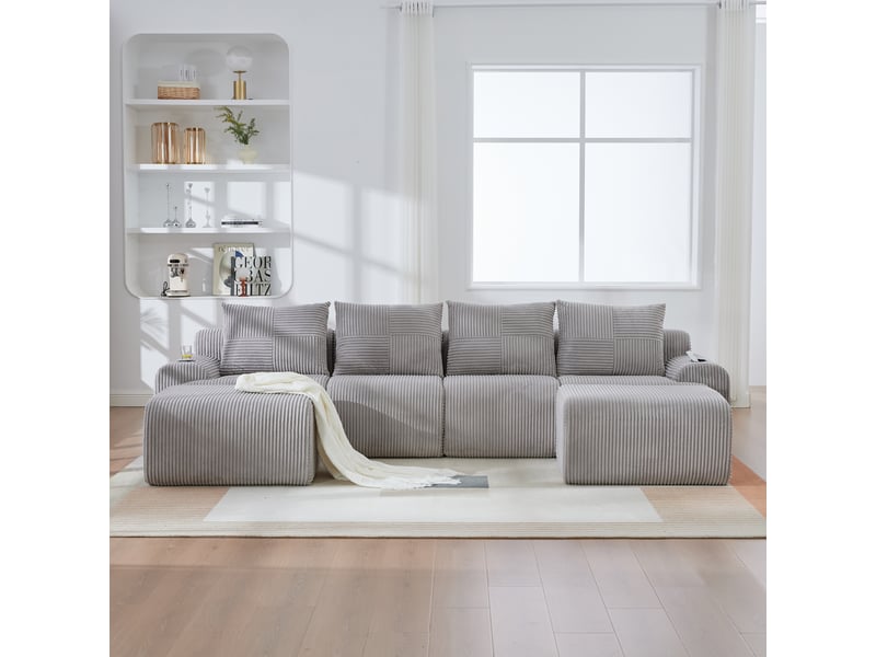 Canapé modulaire 4 places en velours côtelé avec 2 poufs, porte-gobelets, gris clair - Conforama B
