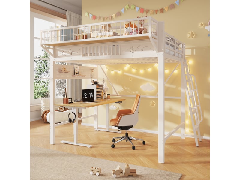 Lit mezzanine 140x200 cm, rangements, espace inférieur ouvert, structure métal, blanc OMNIGLINT TRADING LTD - Conforama E