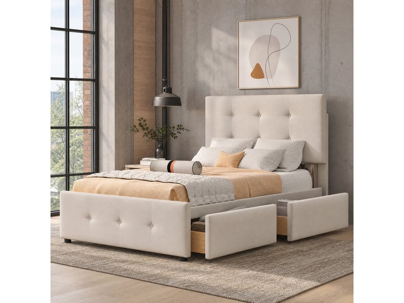 Lit avec tiroir 90x200 cm en velours, lit simple avec dossier et rangement, sans matelas, beige - Conforama C