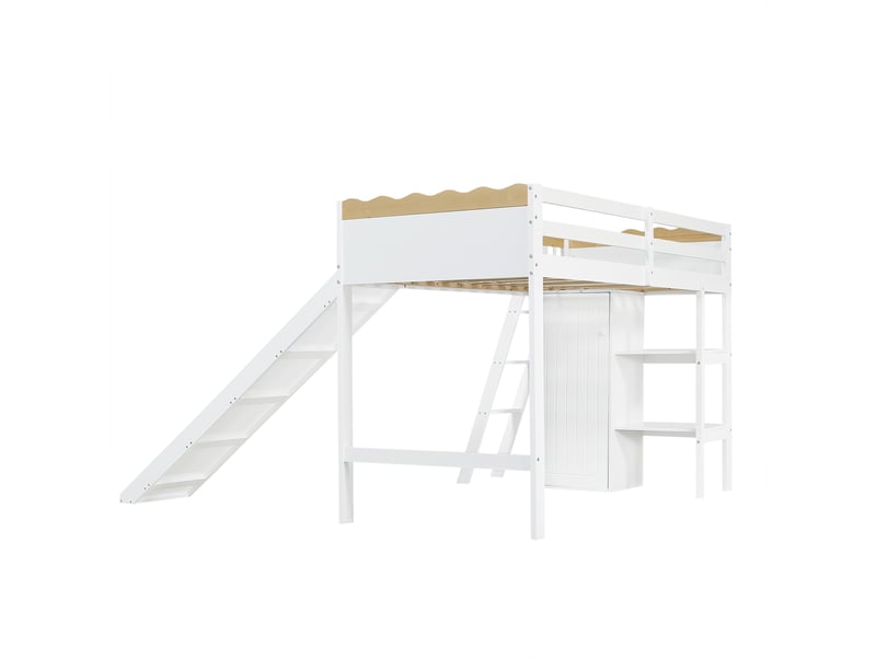  Lit mezzanine enfant 200×90 cm avec toboggan, armoire et placard, sans matelas, blanc et bois naturel  - Conforama E