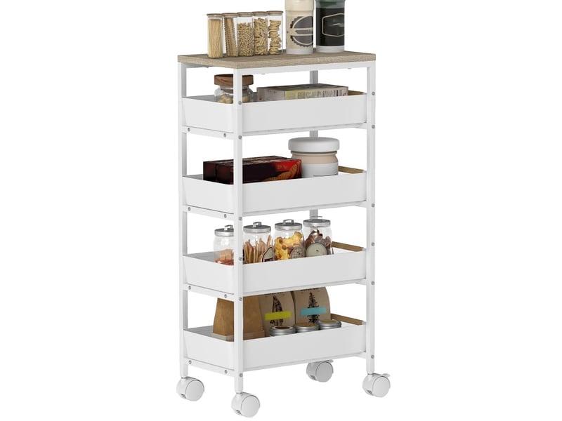  Desserte de cuisine 39,5x24x82 cm à roulettes 4 tiroirs effet bois métal blanc  - Conforama A