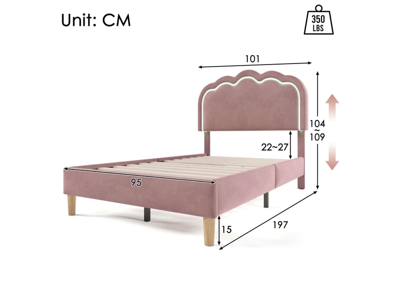  Lit enfant 90x190 cm avec tête pouf et led, velours, rose, sans matelas  - Conforama C