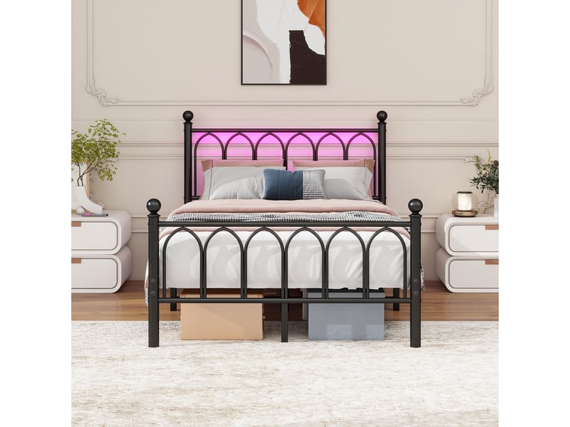  Lit simple 120x200 cm avec led et usb-c, cadre de lit adulte en métal avec tête et pied de lit vintage, lit 1 personne, noir  - Conforama C