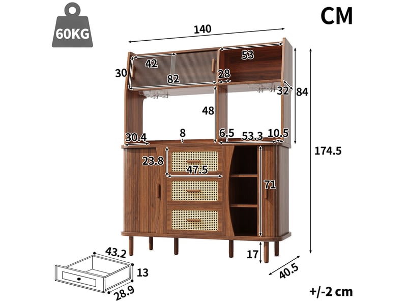  Buffet haut 140 x 40,5 x 174,5 cm bois foncé, façade effet rotin, portes vitrées ccoulissantes, 3 tiroirs et porte-verres  - Conforama C