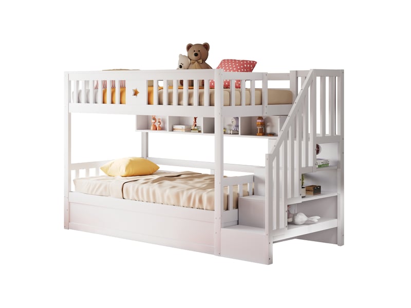 Lit superposé 90x200 cm - lit simple enfant avec escalier pratique et rangements - style moderne - bois de pin et mdf - sans matelas - blanc - Conforama A
