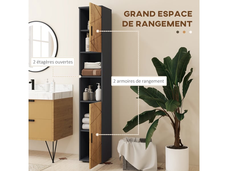  Meuble colonne armoire rangement salle de bain 2 portes étagère réglable 2 niches 30 x 30 x 183 cm gris foncé chêne  - Conforama D