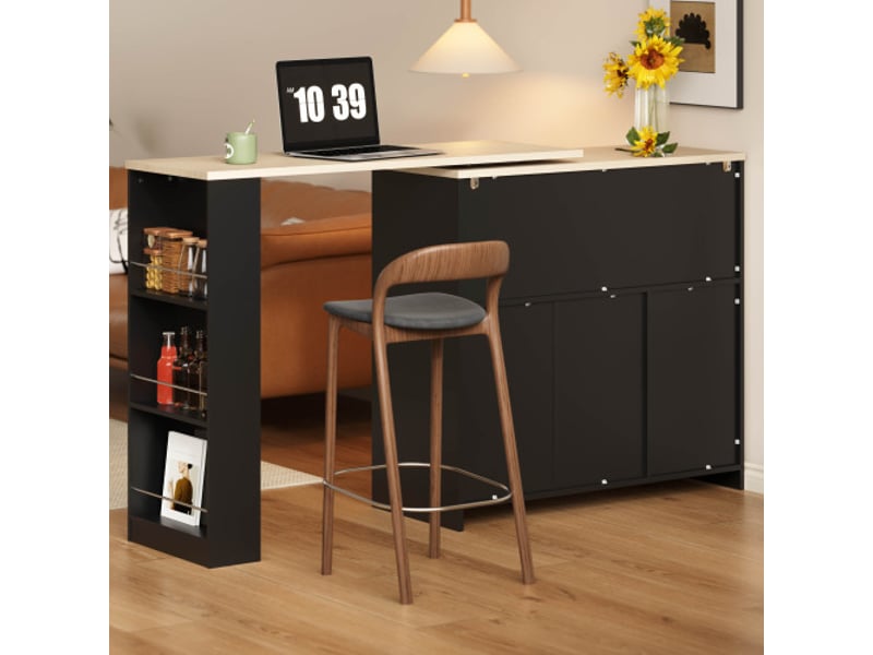  Îlot de cuisine plateau extensible avec 3 tiroirs et 4 portes 172x40x96 cm, roulettes verrouillables, pivotant en mdf couleur noir  - Conforama E